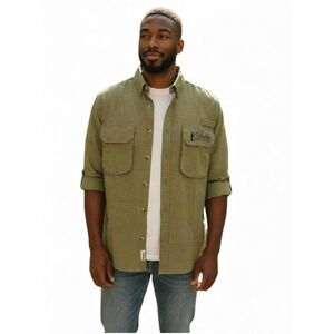 Bodhi Men's Long Sleeve Button Down Shirt Olive Green Pockets Fishing Casual XL